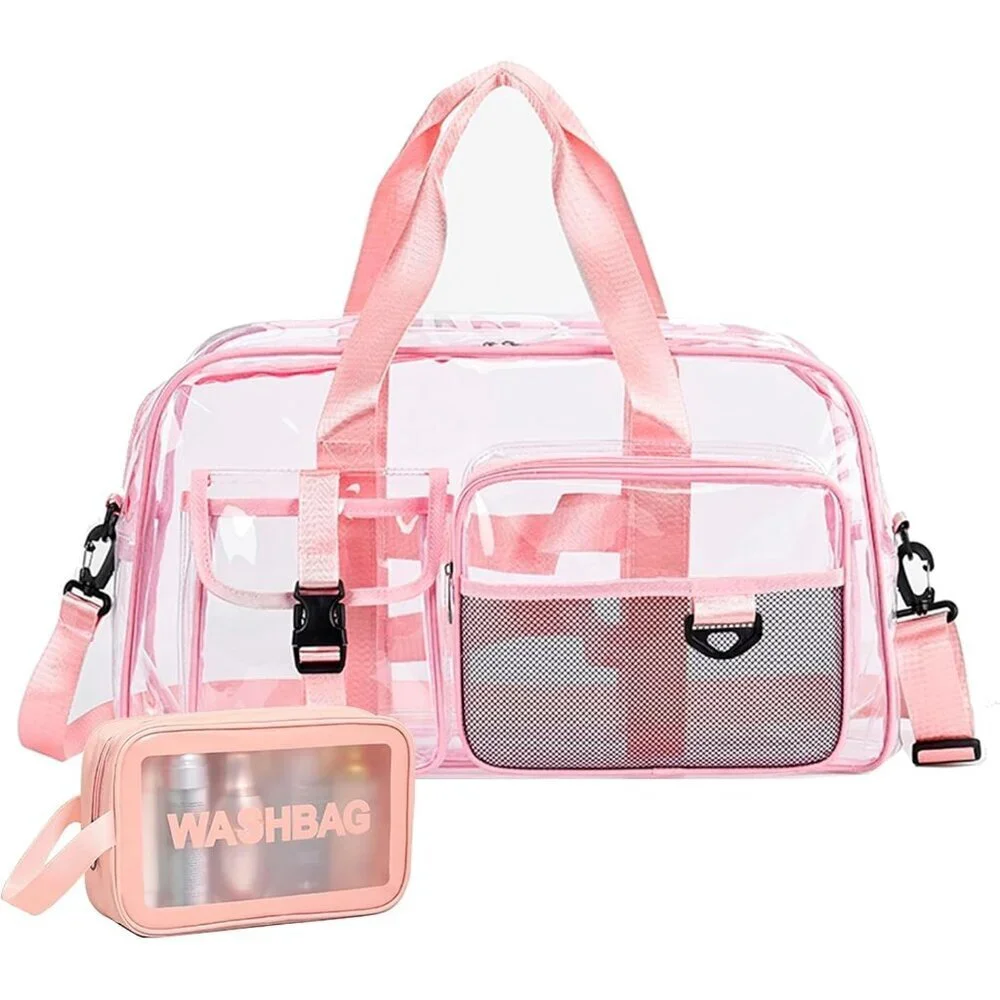 Women Clear-Pink Small Gym Carry On Weekender Travel Duffle Shoe Compartment Bag - Picture 1 of 5